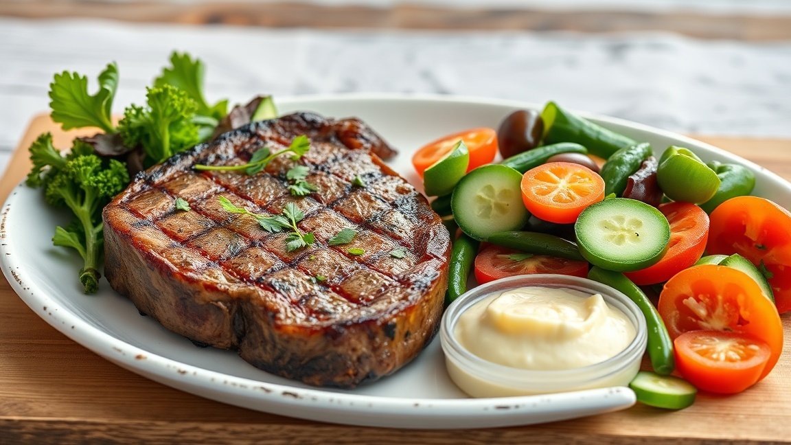 Marhahús steak friss zöldségekkel és mártással