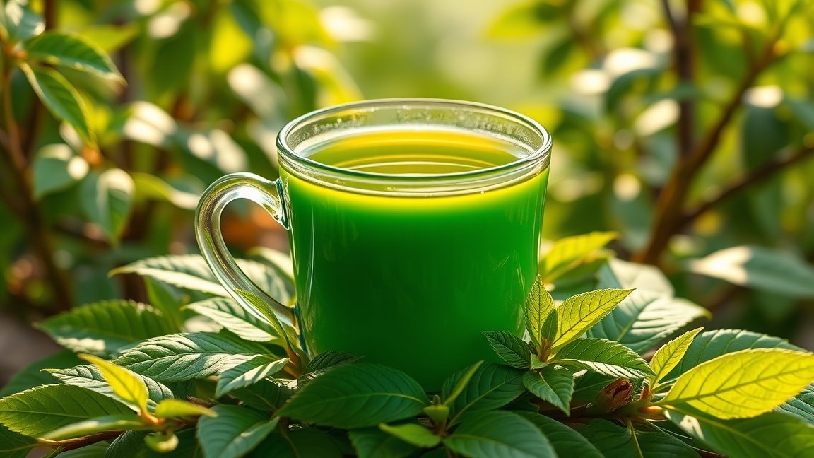 Friss moringa tea bögrében, zöld levél díszítéssel.