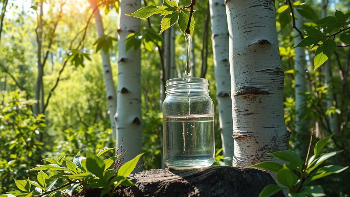 Nyírfavíz cseppentése egy üvegben nyírfák között a természetben