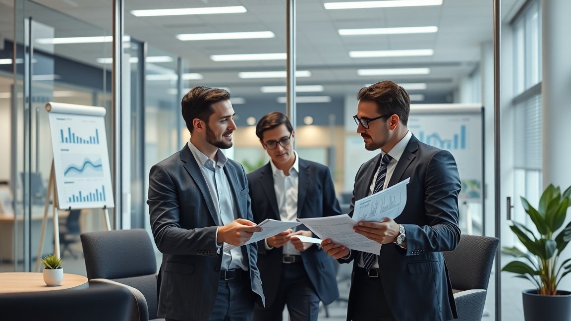 Három üzletember operatív lízingről társalog irodai környezetben.