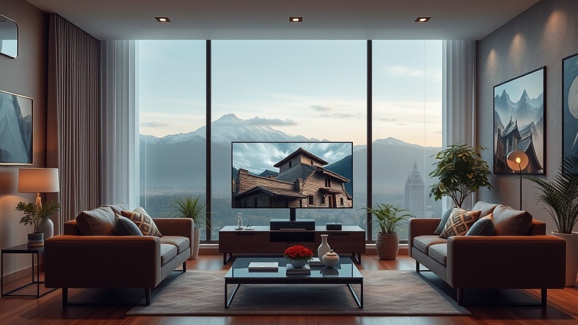 Panasonic TV 75W95BEG a modern nappaliban, gyönyörű kilátással.