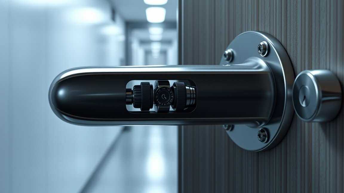 Modern pánikzár részlete ajtón, amelyek segítik a biztonságos menekülést.