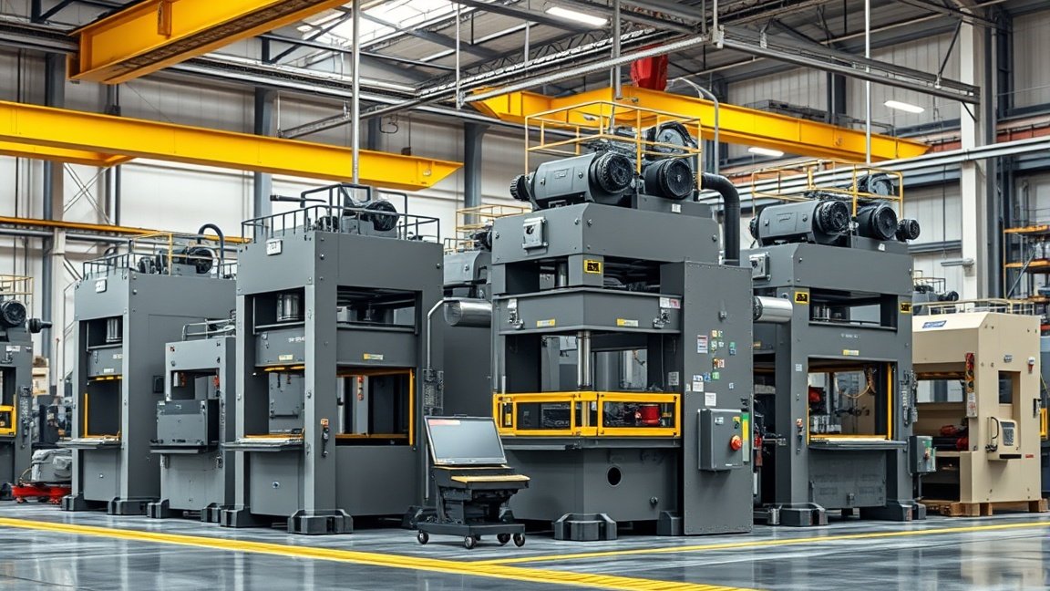 Modern présgépek a gyártó üzemben, fémmegmunkáláshoz és ipari alkalmazásokhoz.