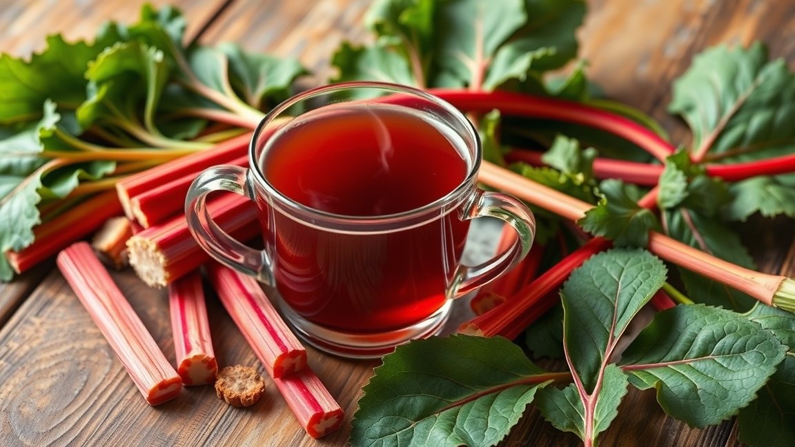 Rebarbara tea with fresh rhubarb leaves and stalks on wooden table.