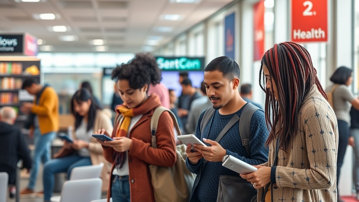 Fiatalok digitális eszközöket használva, reklámok hatása zajlik