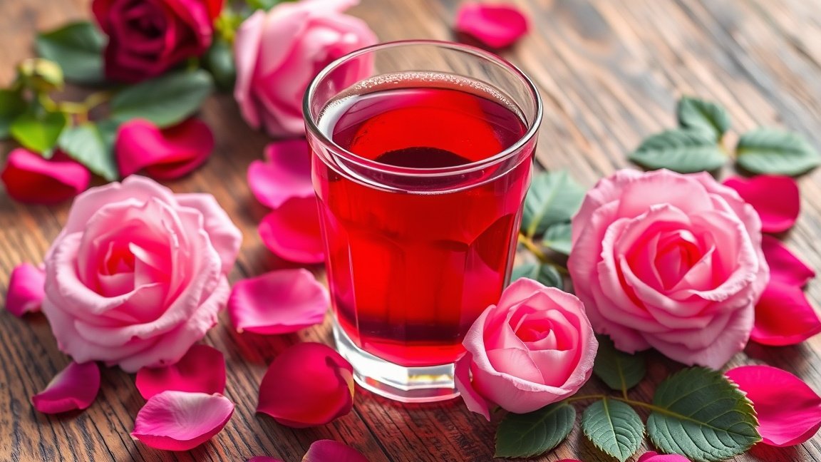 Rózsaszörp pohár rózsaszirmokkal díszítve az asztalon