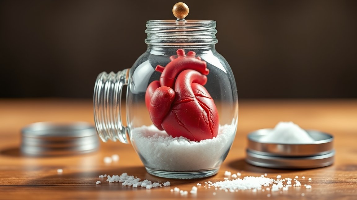 Egy szívmodell sóval teli üvegben, a sófogyasztás hatásaira utalva.