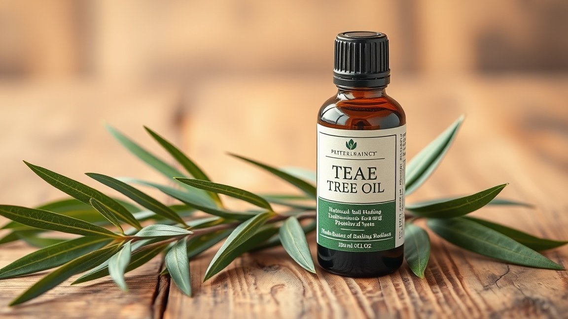 Teafaolaj üveg palack és zöld levelek