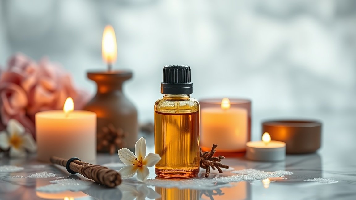 Tömjén illóolaj aromaterápiához gyertyákkal és virágokkal.