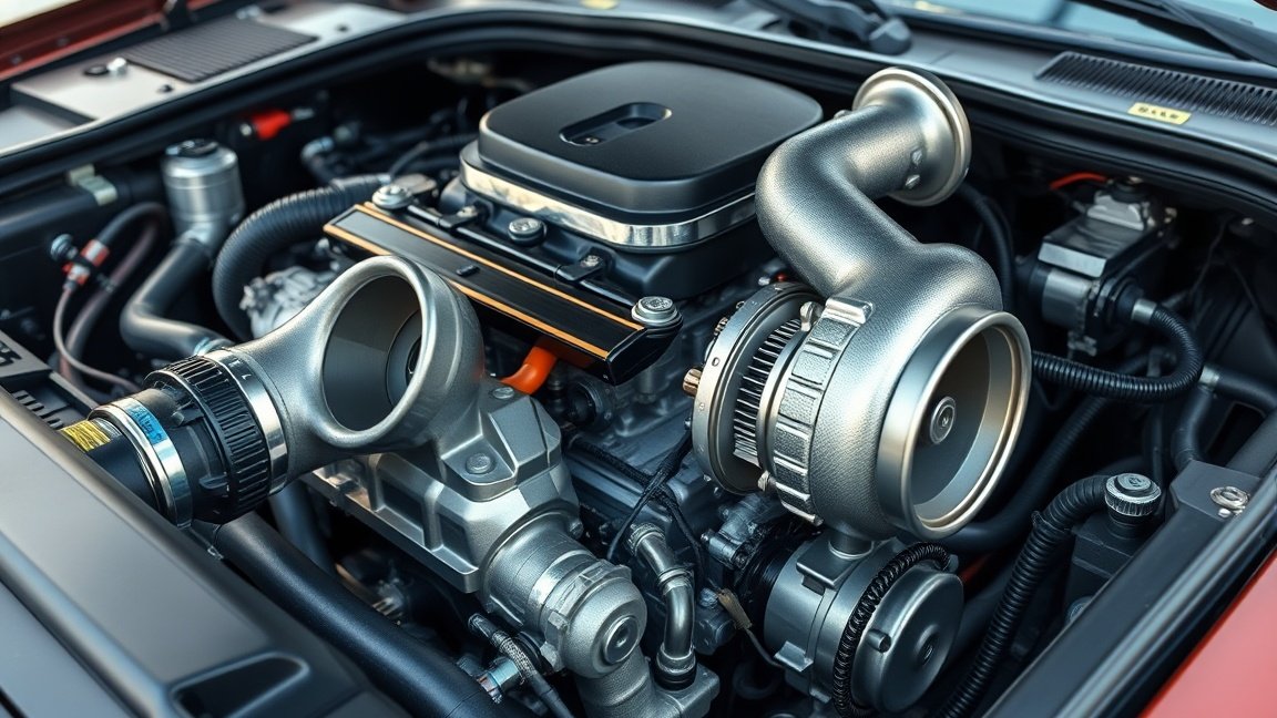 Turbófeltöltő an motorban, autótechnikai megoldás a teljesítmény növelésére.