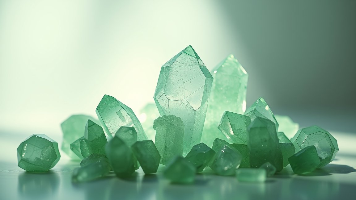 Zöld kalcit kristályok, amelyek harmonizáló energiát kínálnak.