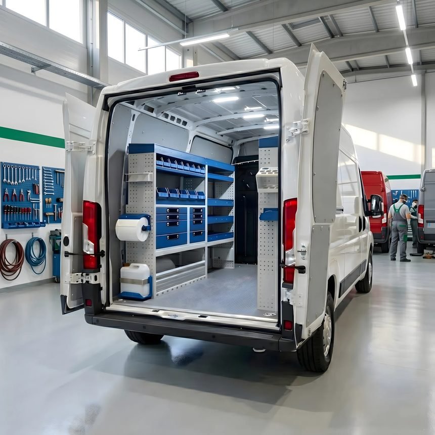 Mobil műhely furgon jól berendezve, szerszámokkal és tárolókkal.